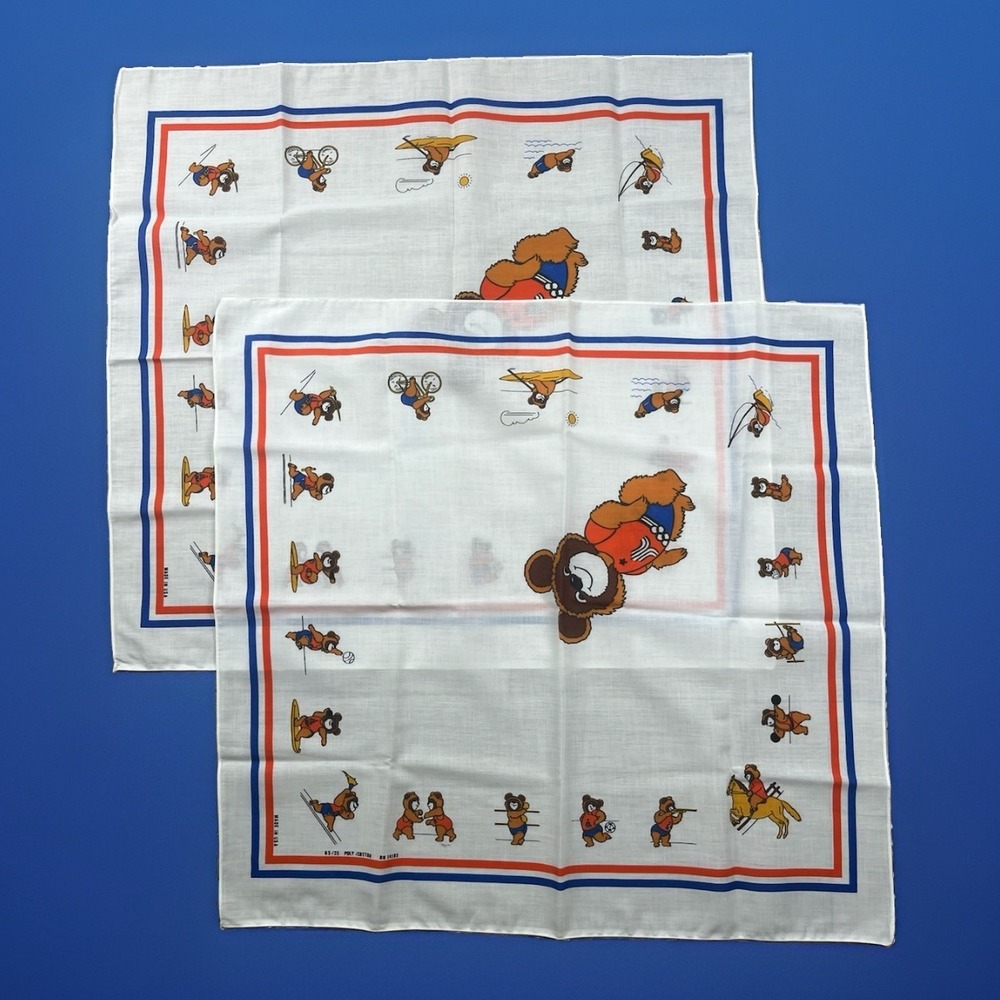 Set of 2 Vintage 1980 Moscow Summer Olympics Mascot Misha Bear Bandana 23.5x22